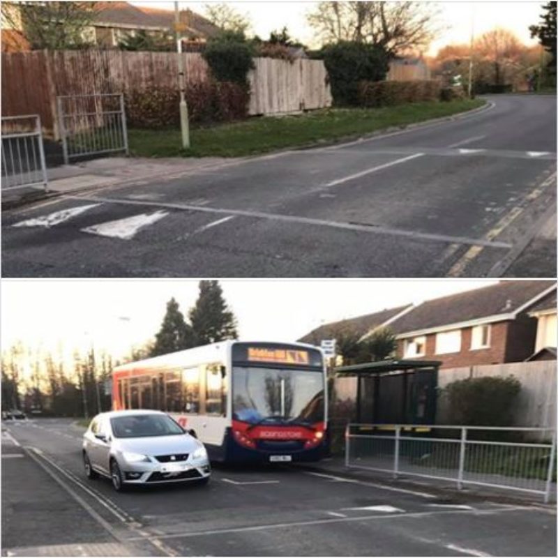Picture one is a close up of the Sullivan Road crossing by the Handel Close bus stop. Picture two underneath shows a car approaching the crossing overtaking a stationary bus on the wrong side of the road.