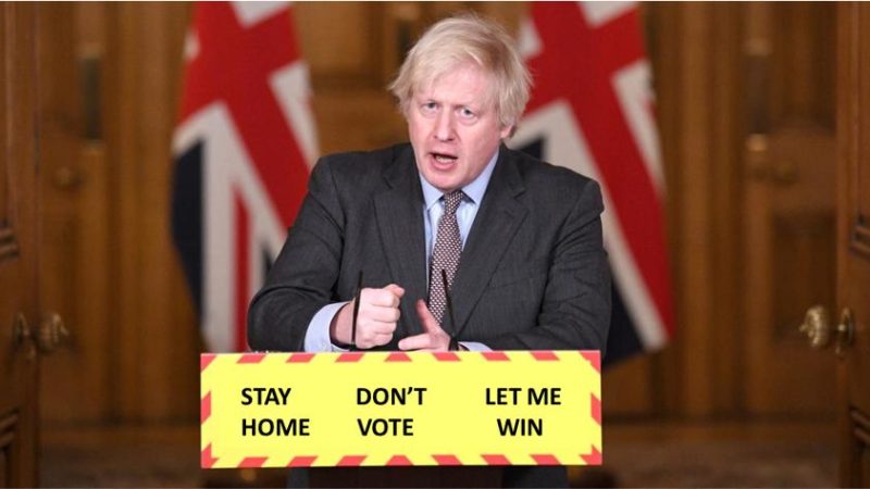 Boris at podium with dont vote message